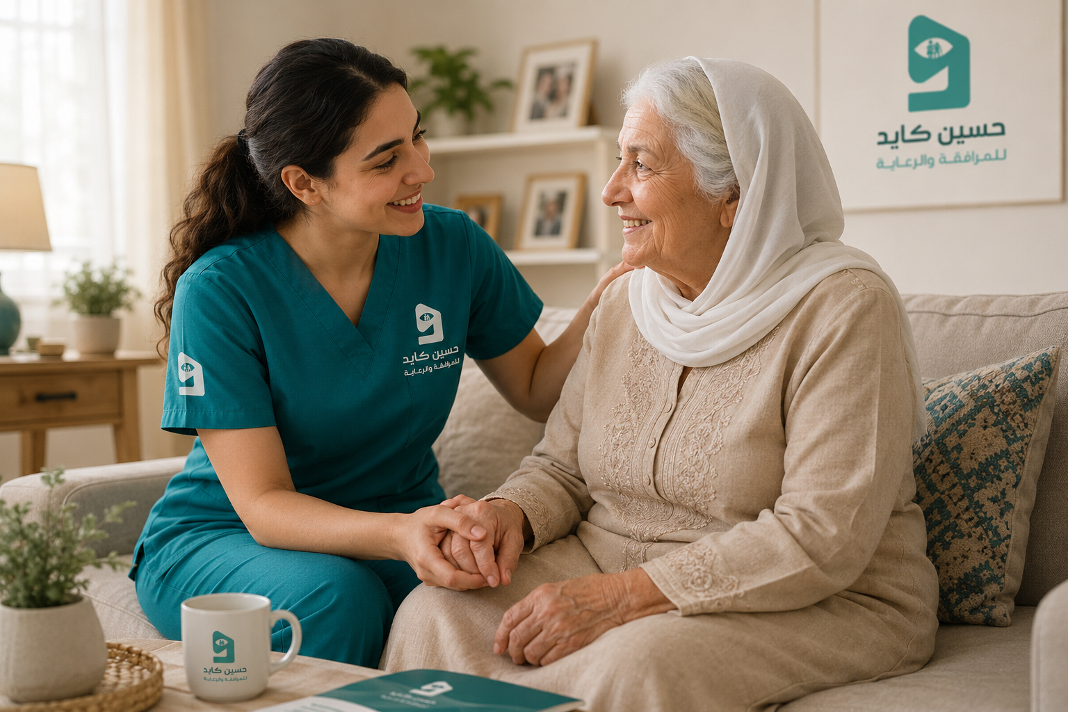مقدّمة رعاية تجلس بجانب سيدة مسنّة وتضع يدها على كتفها بحنان